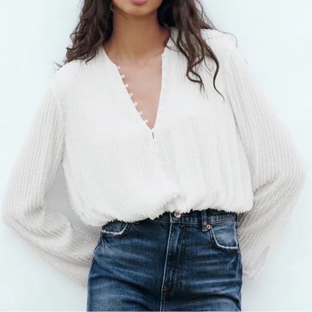 Zara Pearl Embellished Long Sleeve Bubble Elastic Waist Top